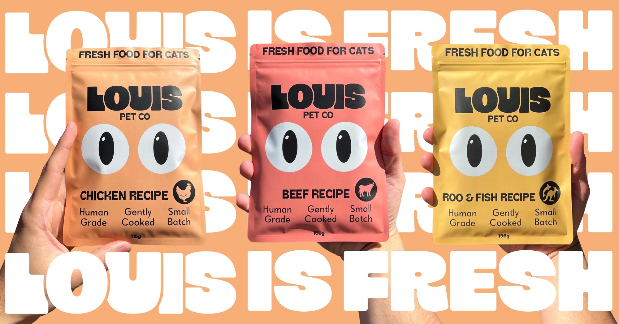 Louis Pet Co fresh cat food pouches in Chicken, Beef, and Roo & Fish recipes against an orange background with the words ‘Louis is Fresh.’