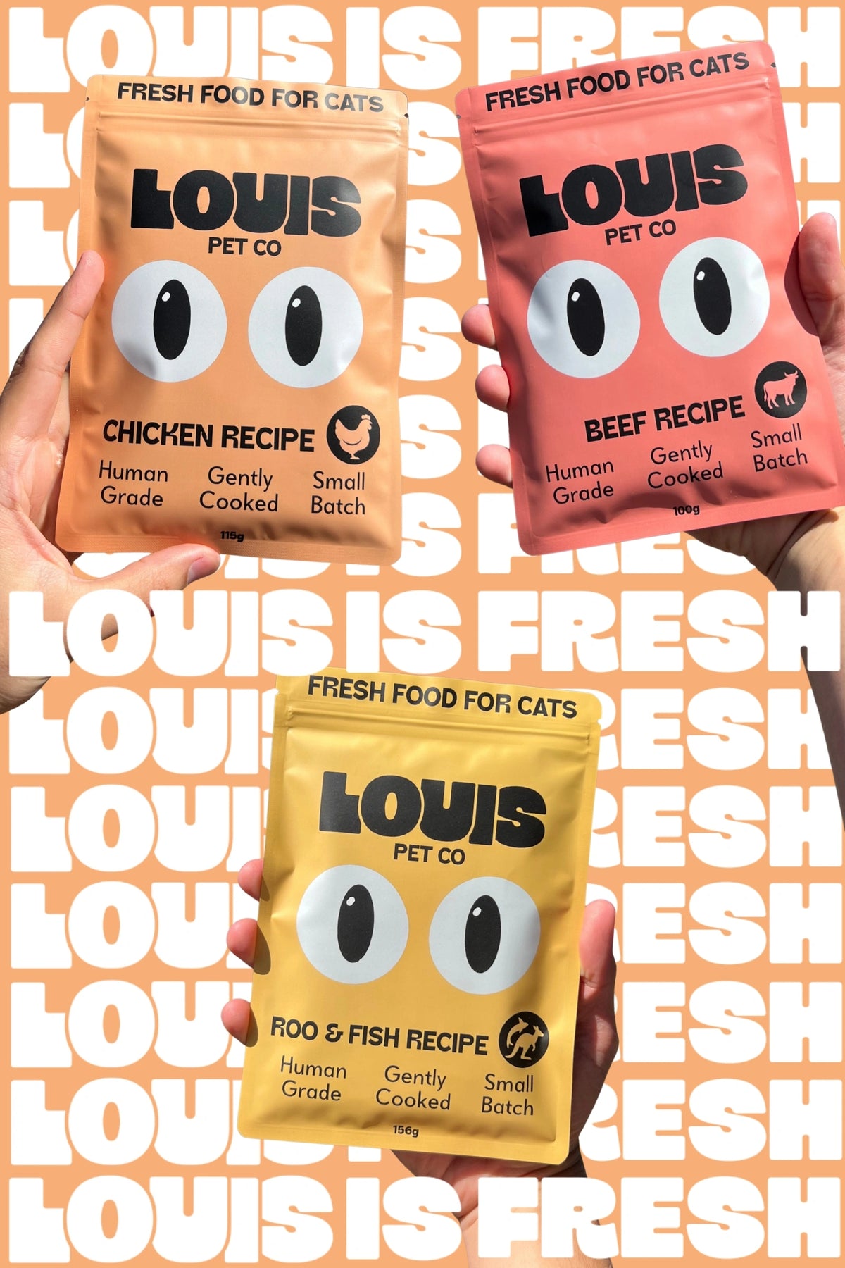 Louis Pet Co Chicken, Beef, and Roo & Fish fresh cat food pouches displayed together with the bold text ‘Louis is Fresh.