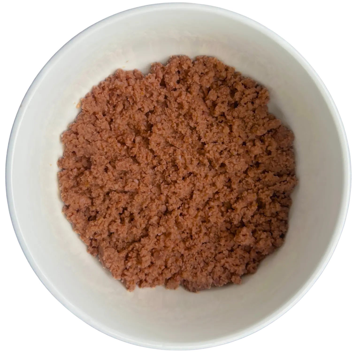 Louis Pet Co gently cooked beef cat food in a white bowl highlighting its rich, meaty texture.
