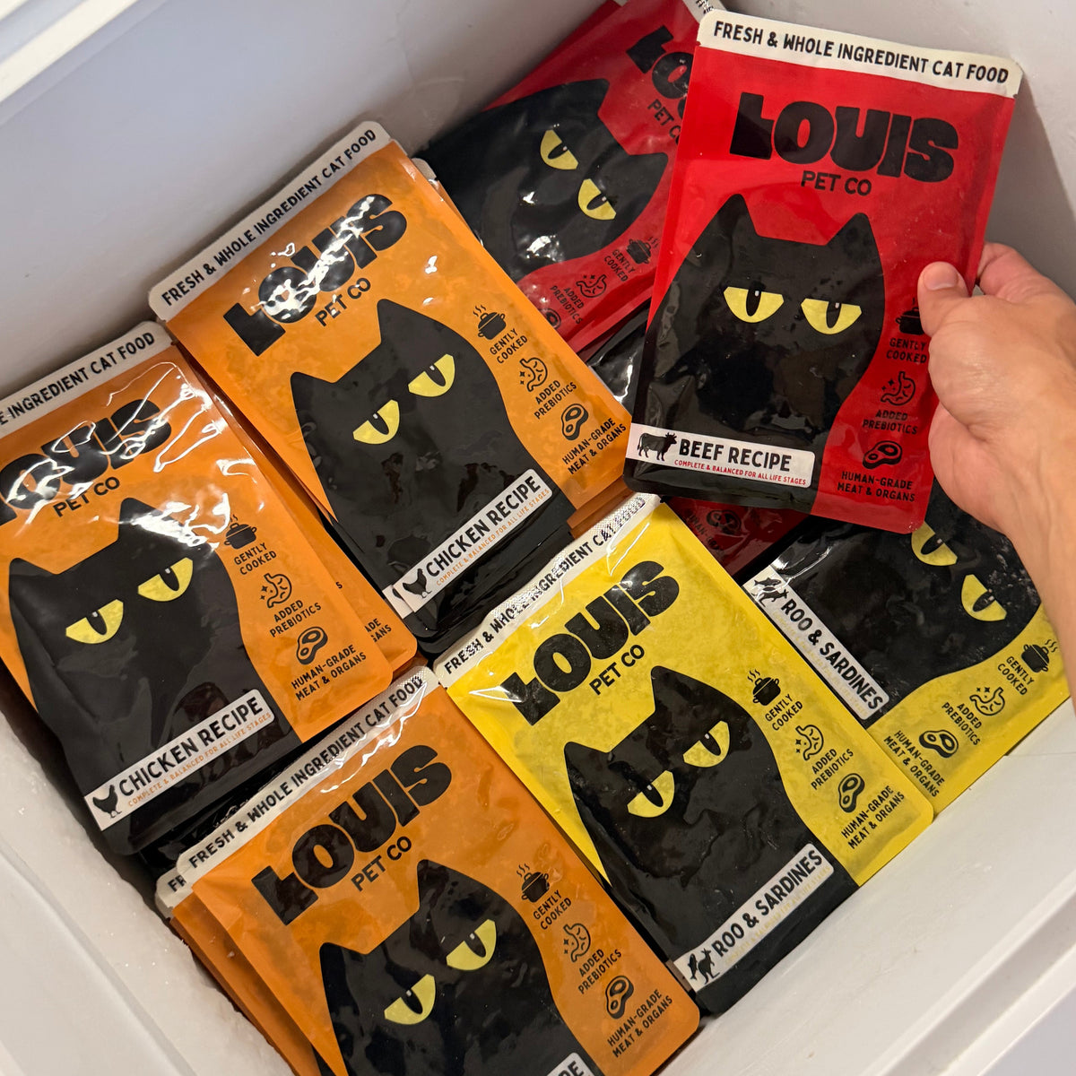 The three Louis Pet Co pouches side by side: Chicken Recipe, Beef Recipe and Roo & Sardines.