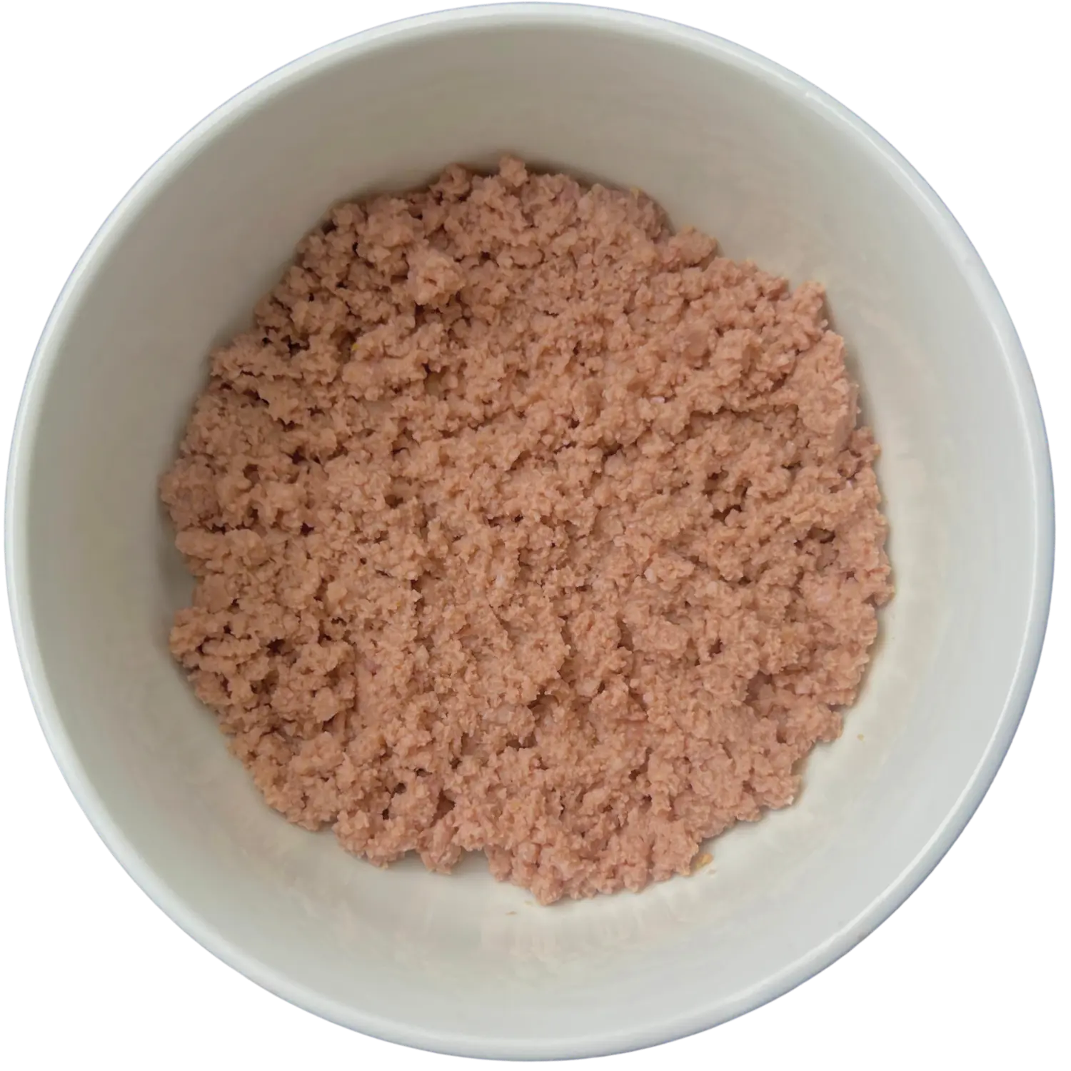 Louis Pet Co kangaroo and fish cat food served in a white bowl showing its coarse, fresh texture.